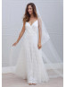 Ivory Delicate Lace Over Spaghetti Straps V Back Wedding Dress 